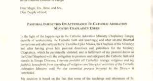 Catholic Diocese of Enugu presents letter of Ban to Rev Father Ejike Mbaka