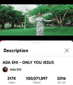 Ada Ehi Becomes 2nd Gospel Artiste In Africa To Cross 100 Million Views Milestone On Youtube For "Only You Jesus"